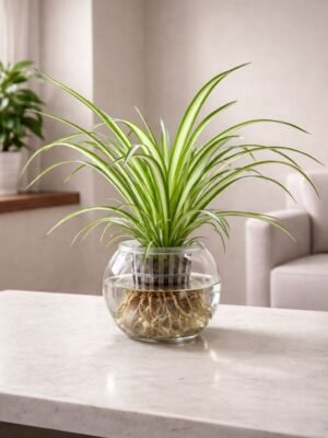 Indoor water spider plant in clear glass bowl hydroponic planter on table
