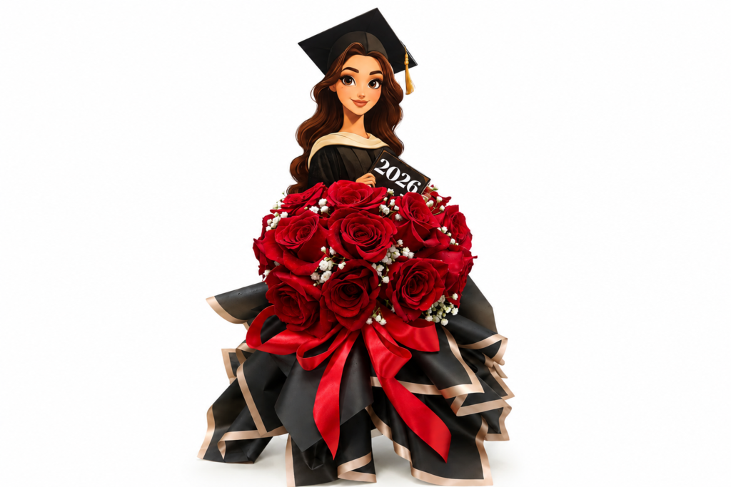 Luxury graduation flower bouquet with fresh red roses and graduation topper for same-day delivery in Dubai and Sharjah.