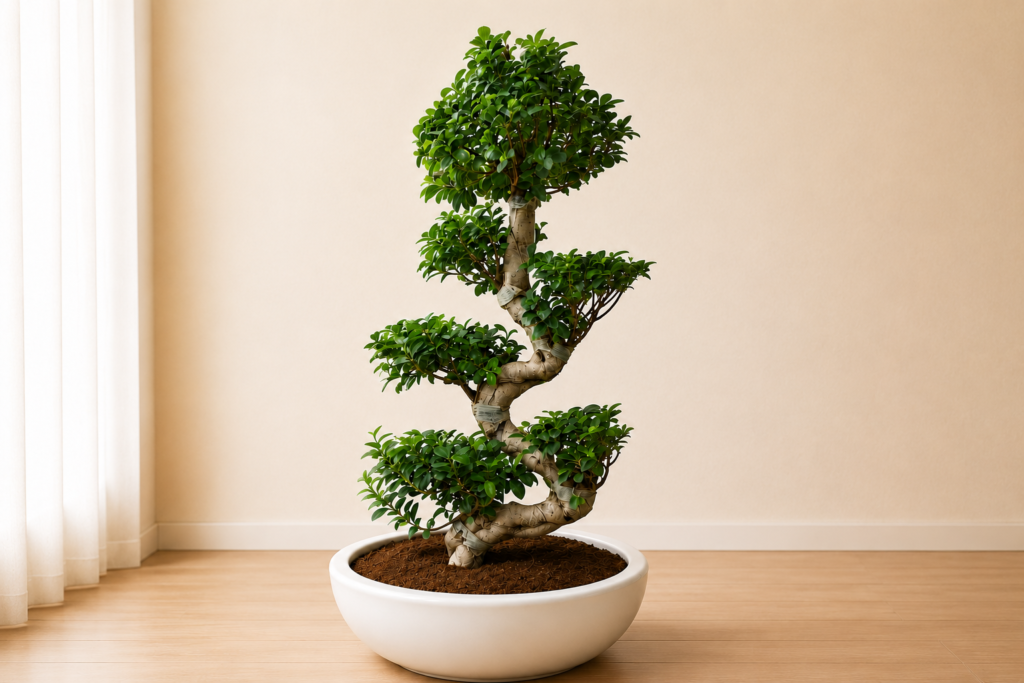 Luxury indoor bonsai tree in premium white ceramic pot for elegant home decor and exotic gifting in Dubai.