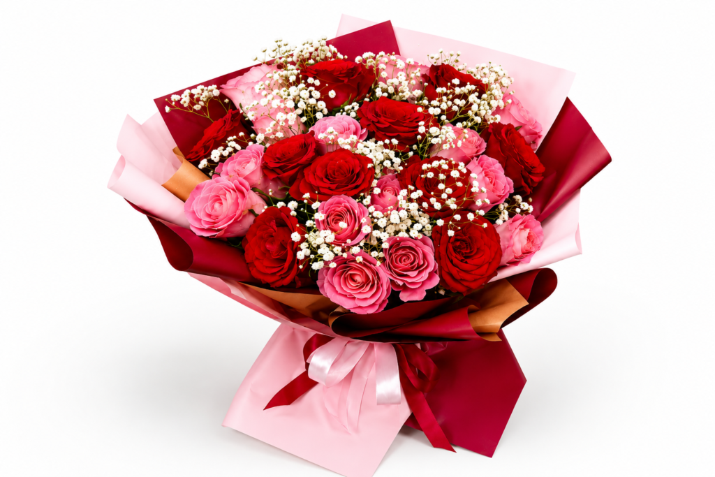 Luxury welcome flower bouquet with fresh red and pink roses for Sharjah Airport 15-minute delivery.