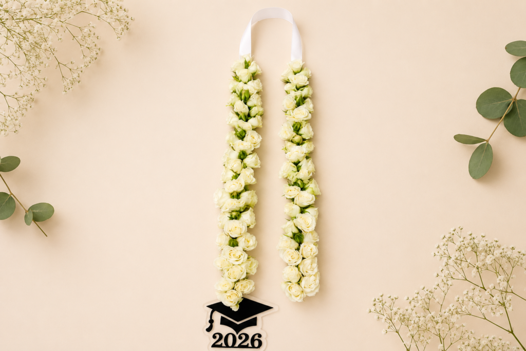 Premium white rose graduation flower lei for Graduation 2026 with same-day delivery in Sharjah, Dubai, and Ajman.