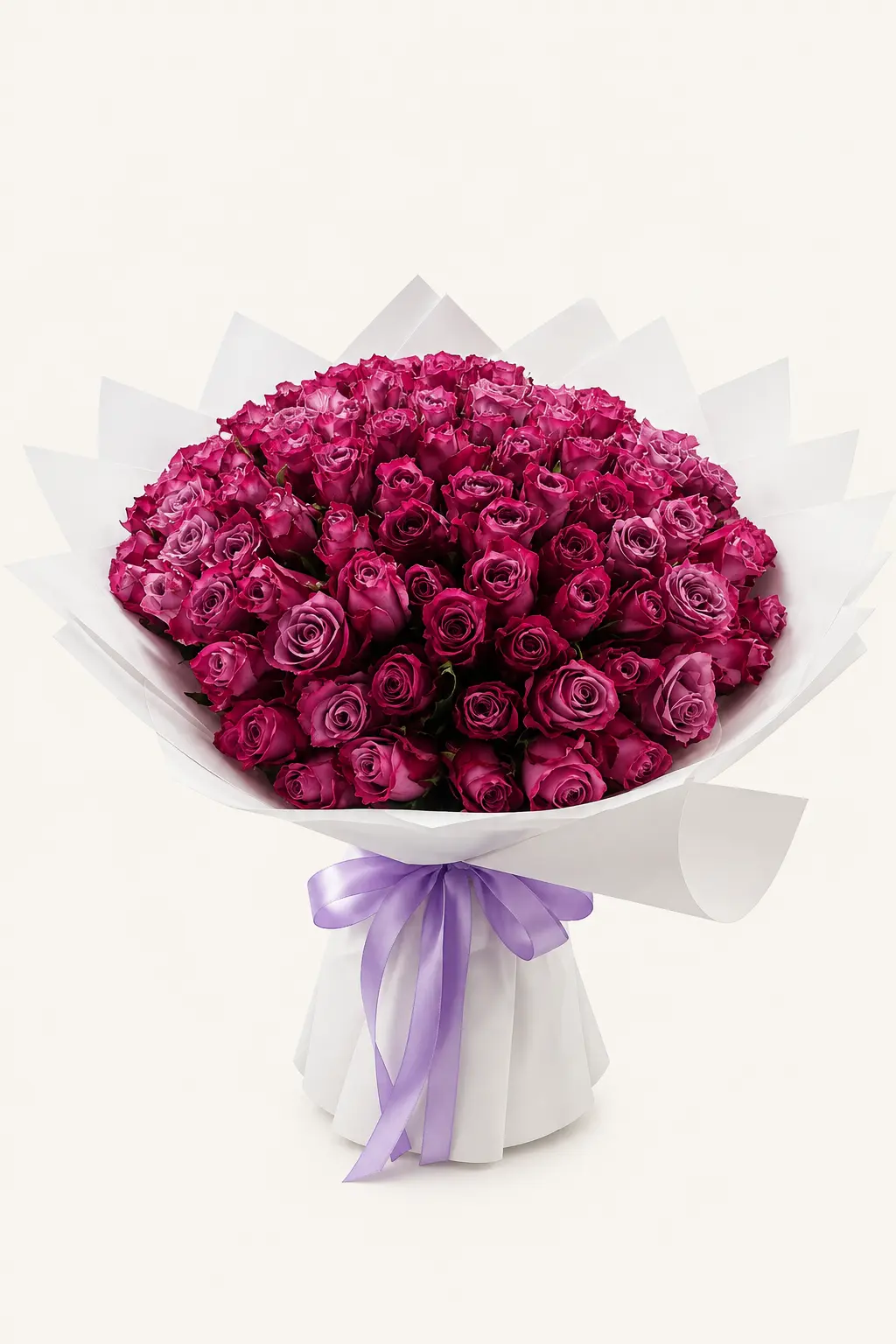 100 hot pink roses bouquet with white wrapping and lavender ribbon