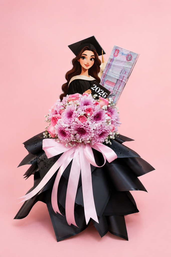 Pink graduation flower bouquet with 2026 graduation decoration in Sharjah