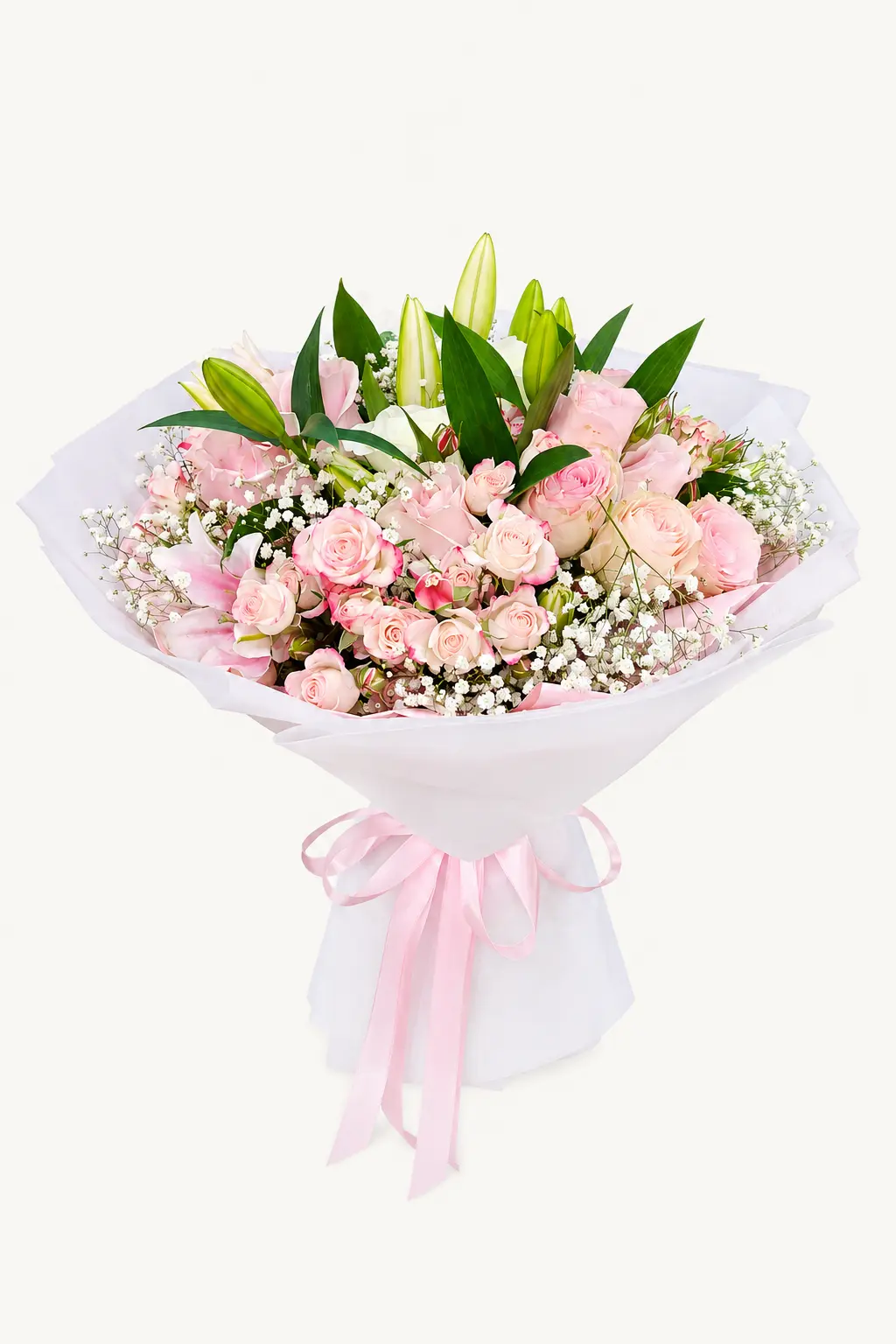Pink rose and lily bouquet with baby’s breath and greenery
