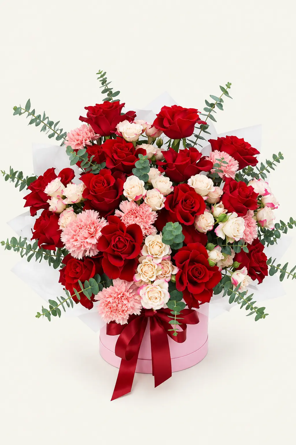 Top view of red rose and carnation luxury box bouquet Dubai
