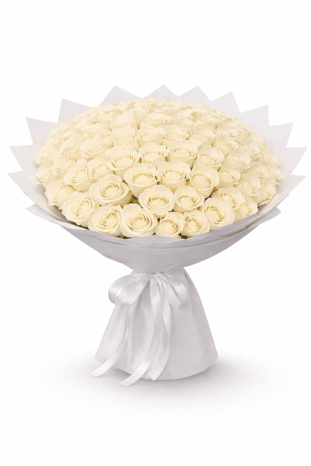 101 white roses bouquet arranged in a luxury hand-tied floral design with elegant white wrapping