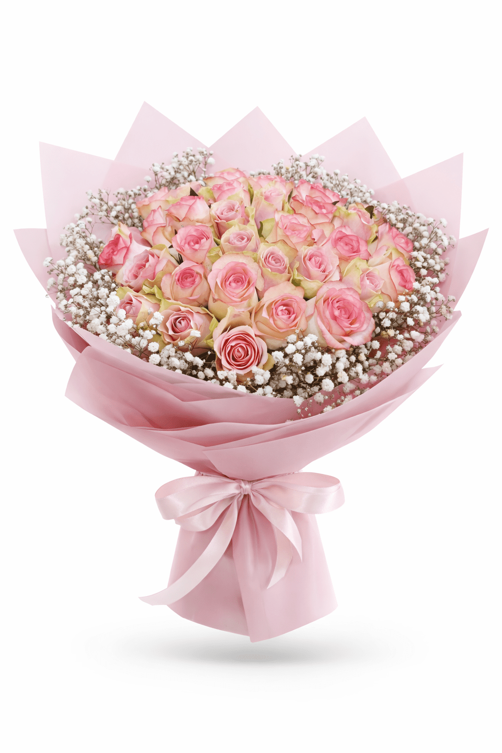Charming pink rose bouquet with baby’s breath, wrapped in pastel pink paper.