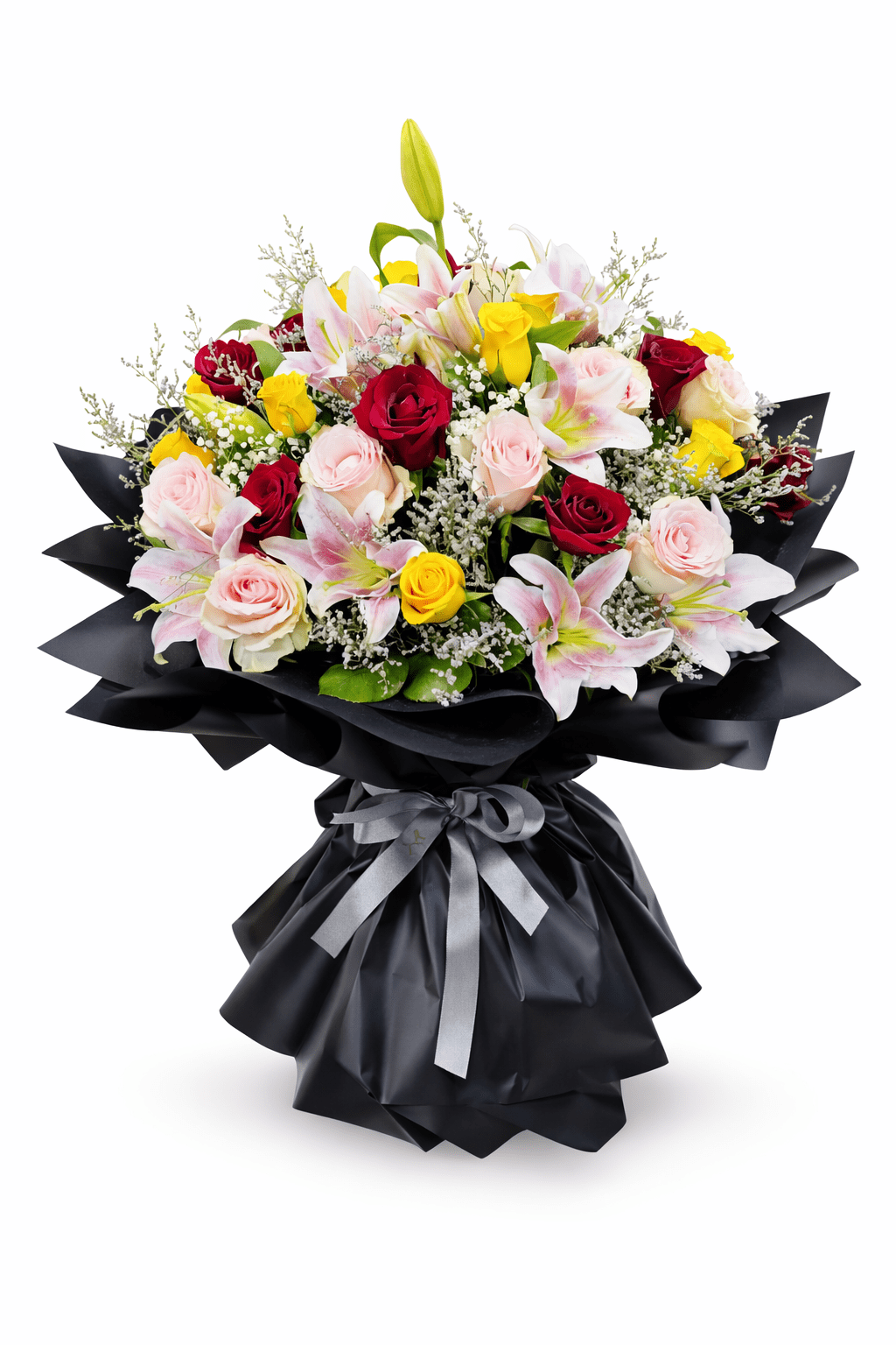 Luxury mixed floral bouquet featuring roses, lilies, and seasonal flowers arranged in elegant black wrapping