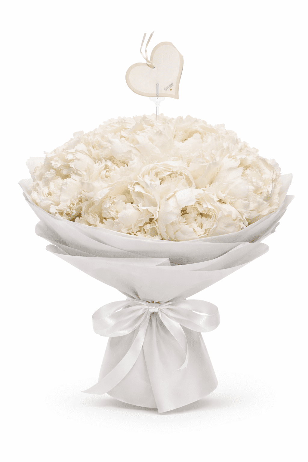 White peony bouquet with full-bloom peonies wrapped in elegant white paper