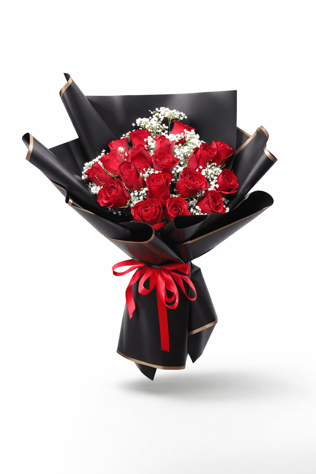 Fresh red roses bouquet with white chrysanthemums, luxury hand-tied flower arrangement for gifting in Dubai