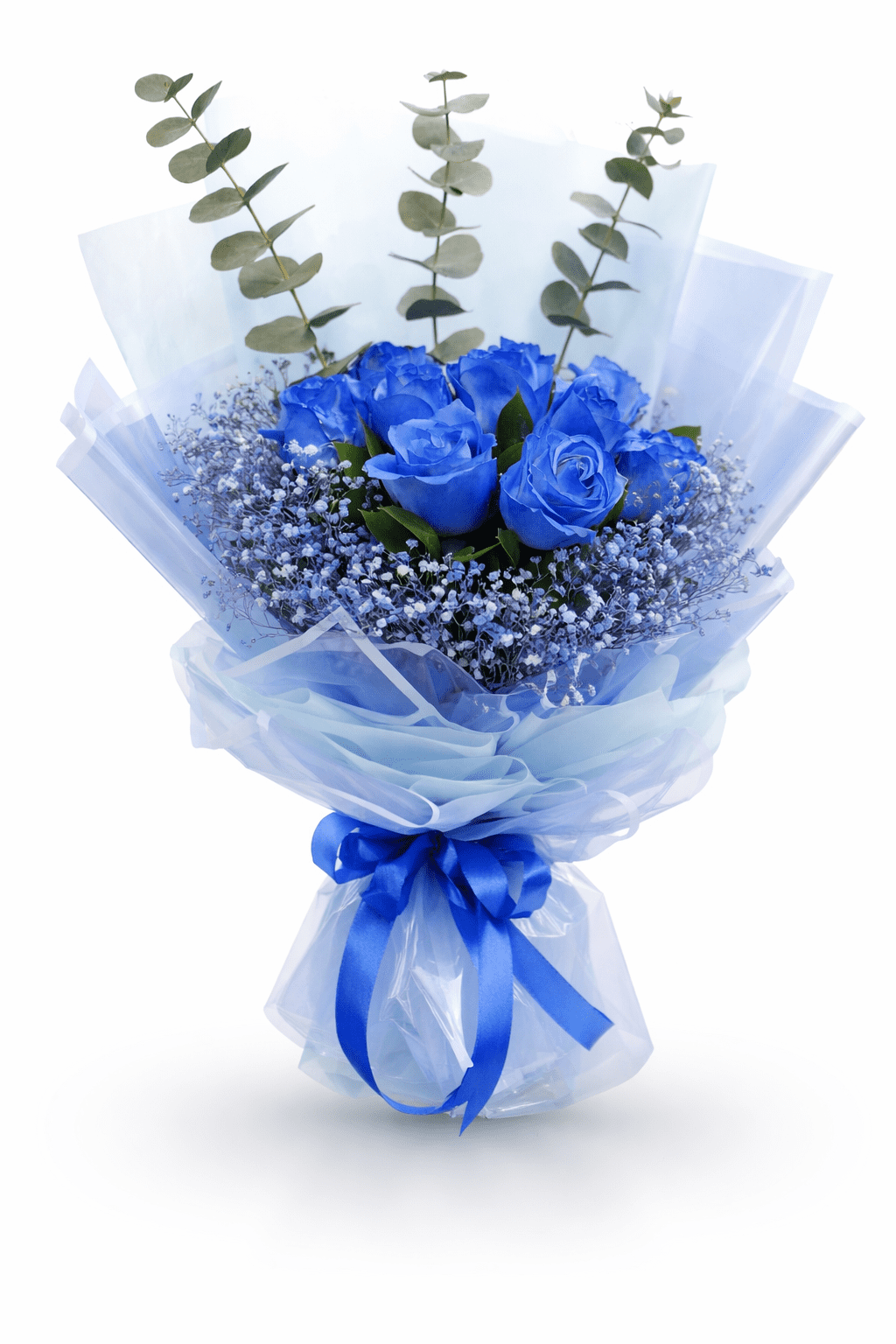10 blue roses bouquet with baby’s breath and elegant blue wrapping