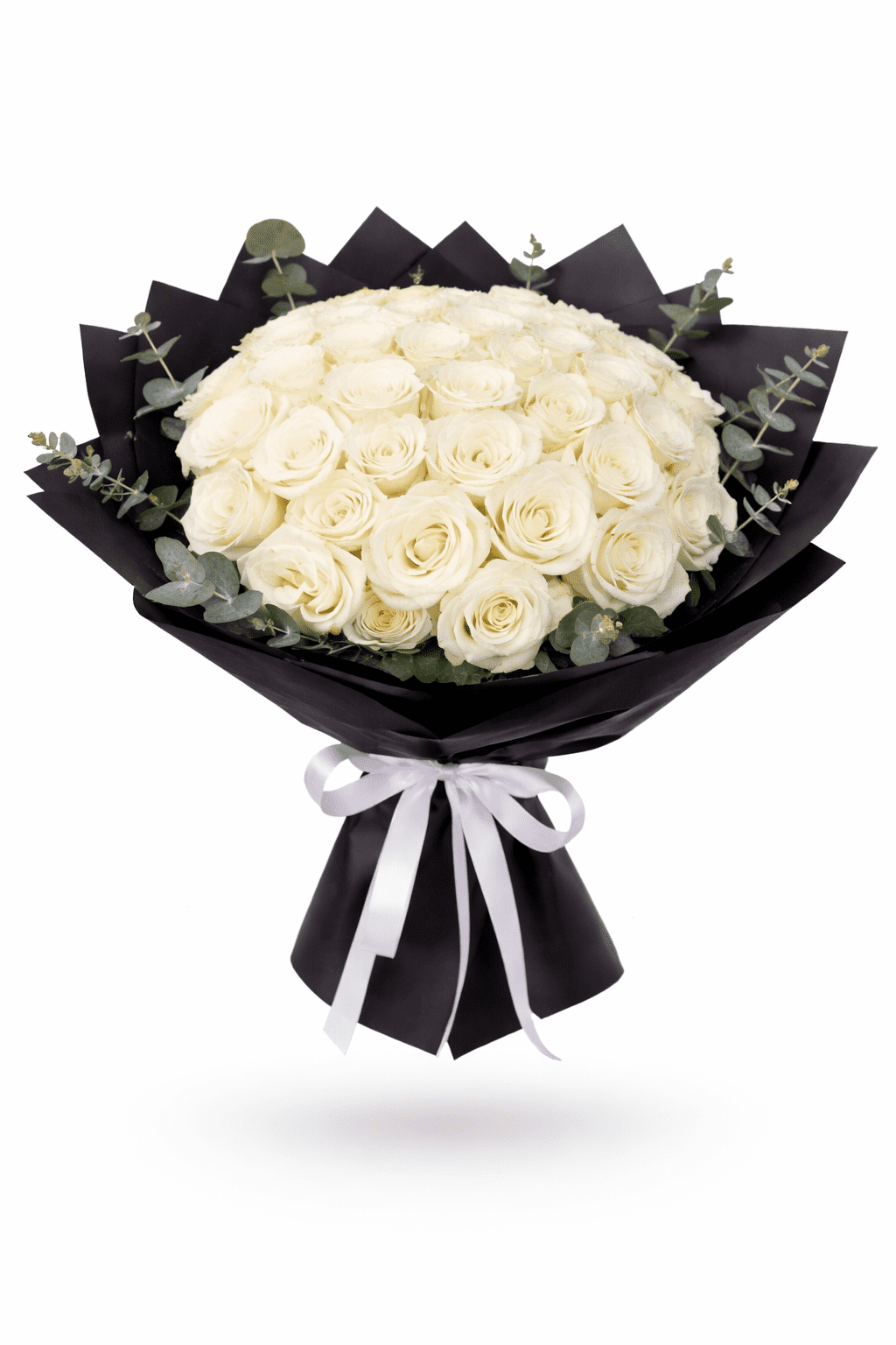 50pcs white rose bouquet arranged with fresh premium white roses, elegant luxury wrapping, perfect for weddings, anniversaries and special occasions