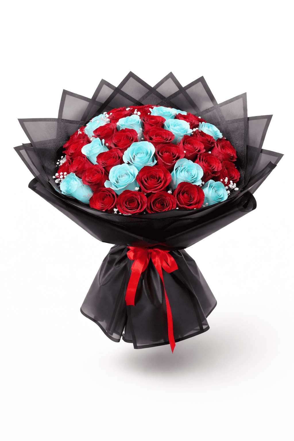 Red and Blue Roses Bouquet made with fresh red roses and royal blue roses, perfect for Valentine’s Day and romantic gifting