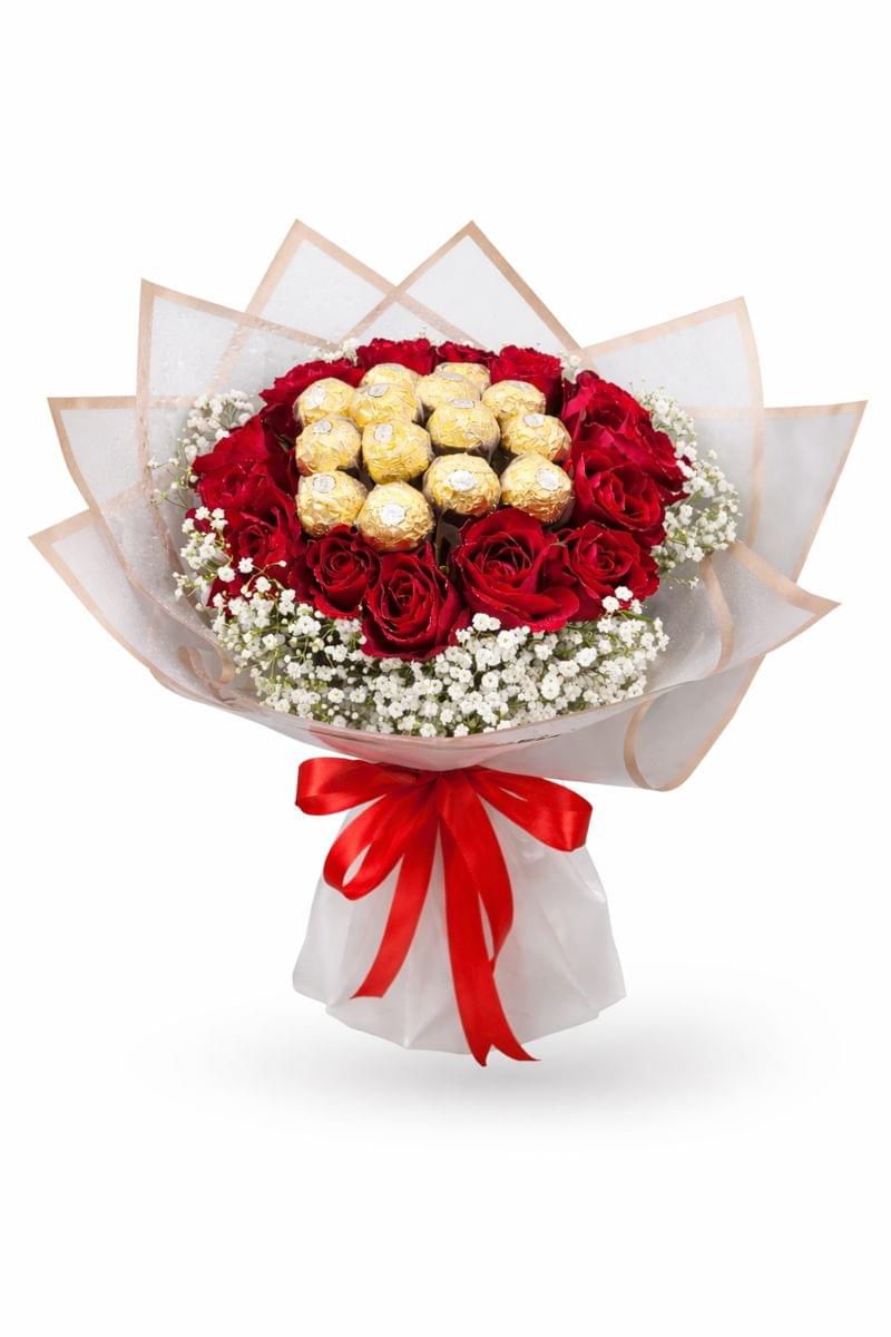 Red roses and Ferrero Rocher bouquet arranged in a luxury hand-tied floral design