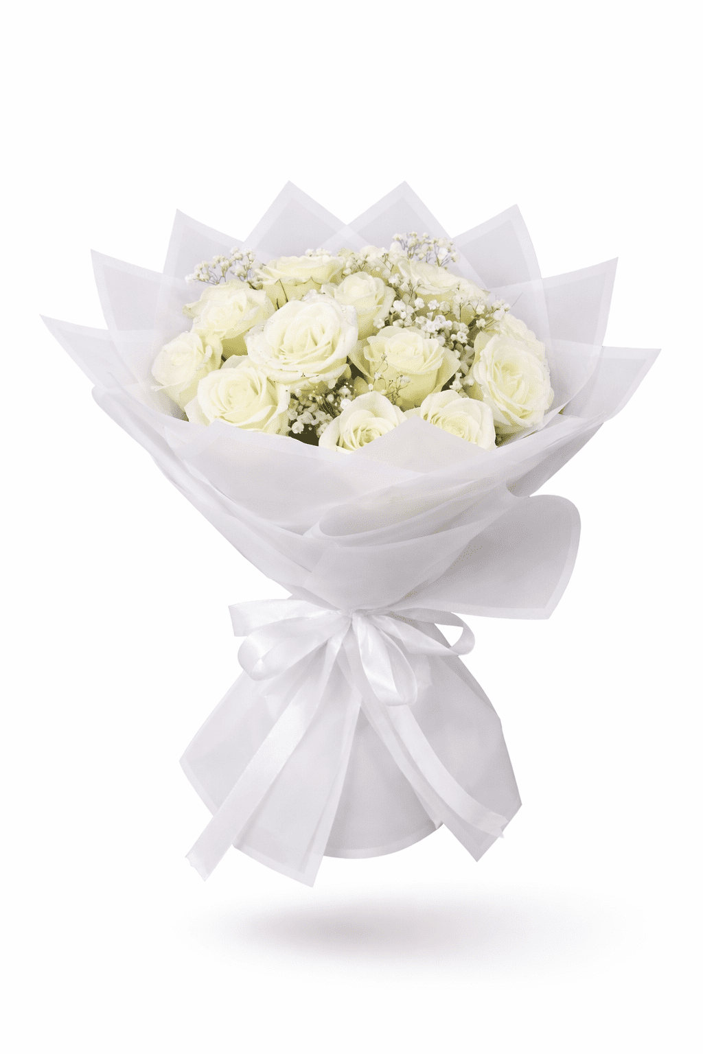 White roses bouquet with fresh white flowers, luxury hand-tied floral arrangement