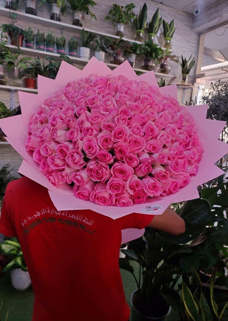 Beautiful hand-tied pink roses bouquet with premium wrapping, available for flower delivery in Sharjah and Dubai from The Green Plant Flowers.