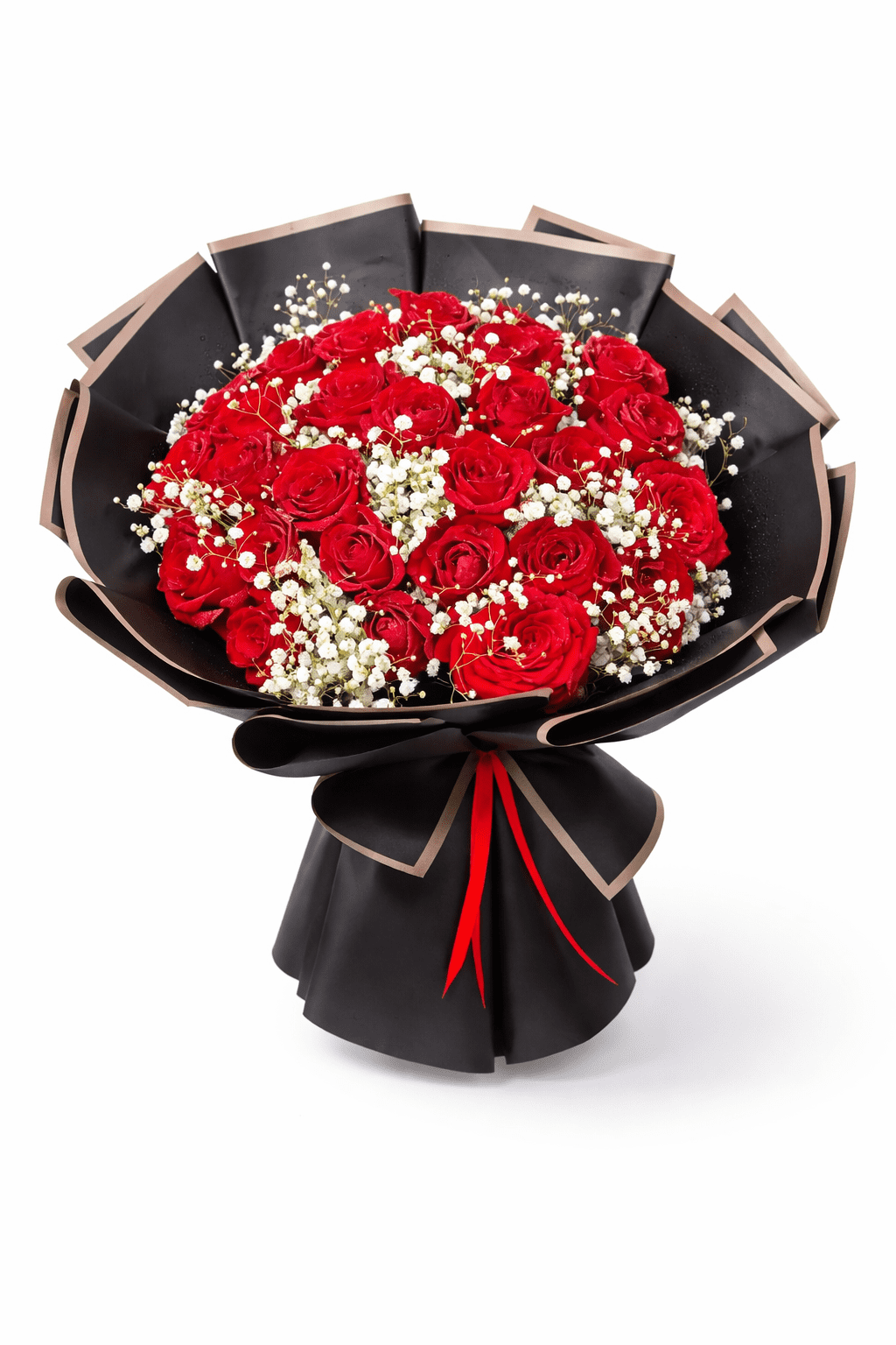 Luxurious red roses bouquet and white baby's breath wrapped in stylish black paper with a red ribbon