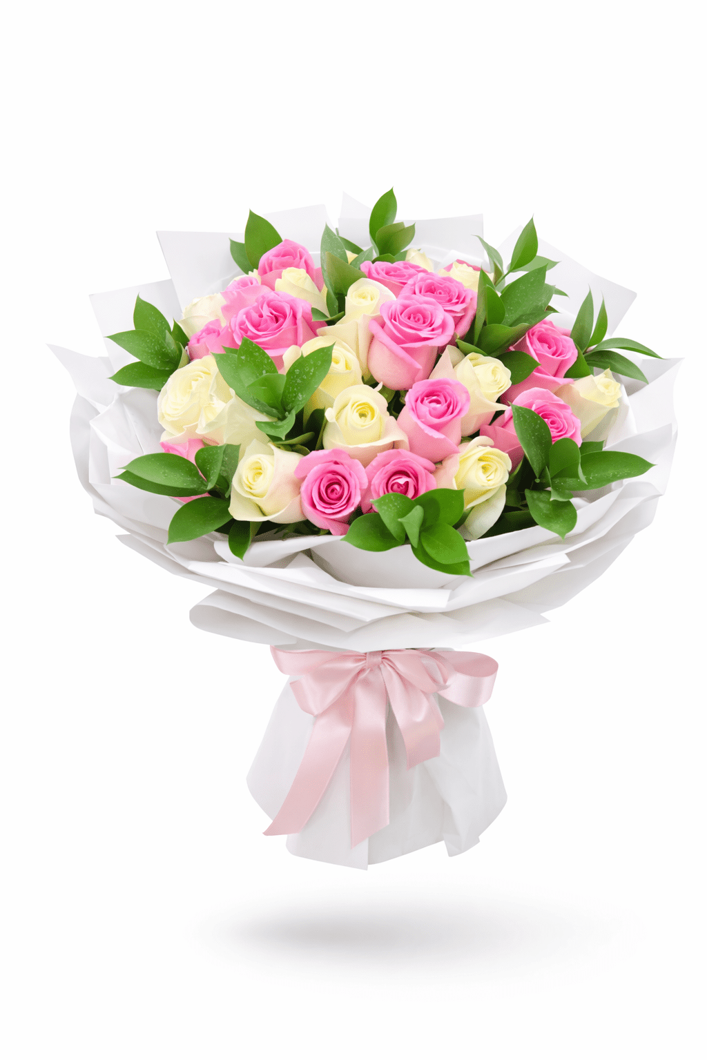 Pink and white rose bouquet with fresh roses arranged in a luxurious hand-tied floral design