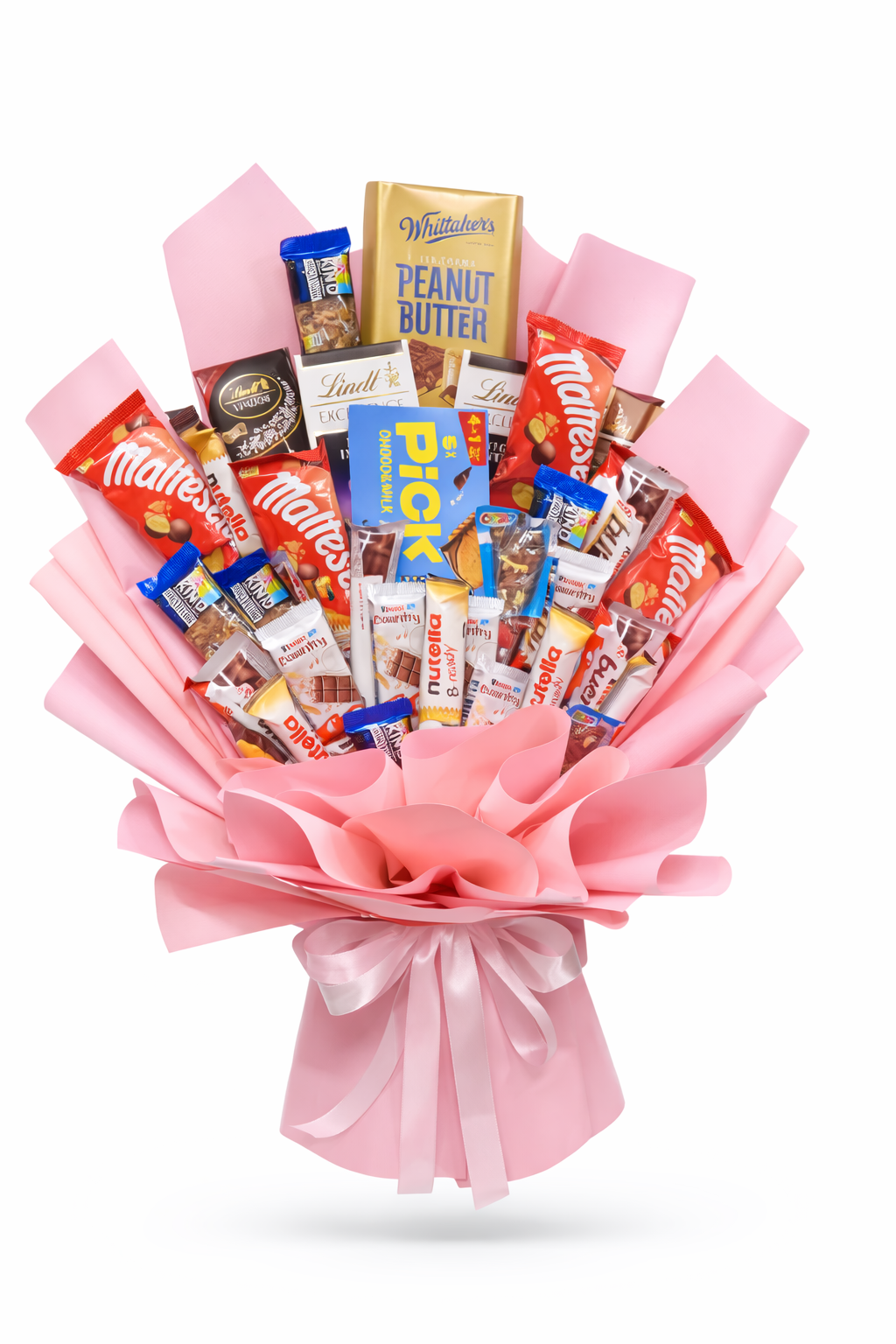 Customize chocolate bouquet featuring assorted chocolates arranged in pink wrapping.