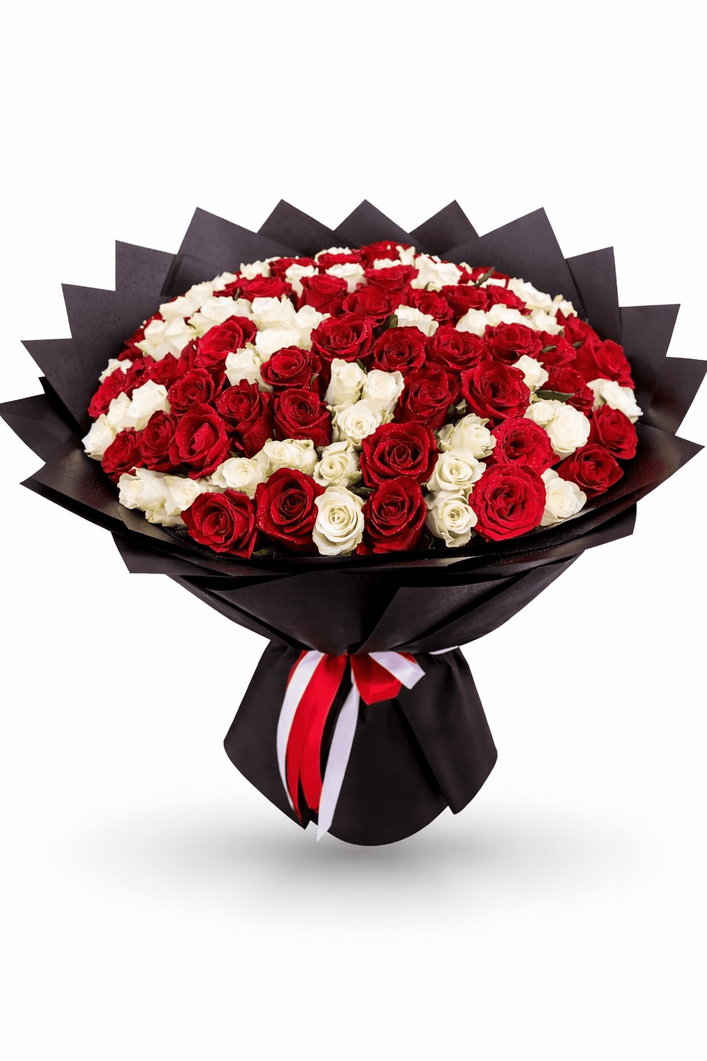 101 red and white roses bouquet in luxury black wrapping with satin ribbon