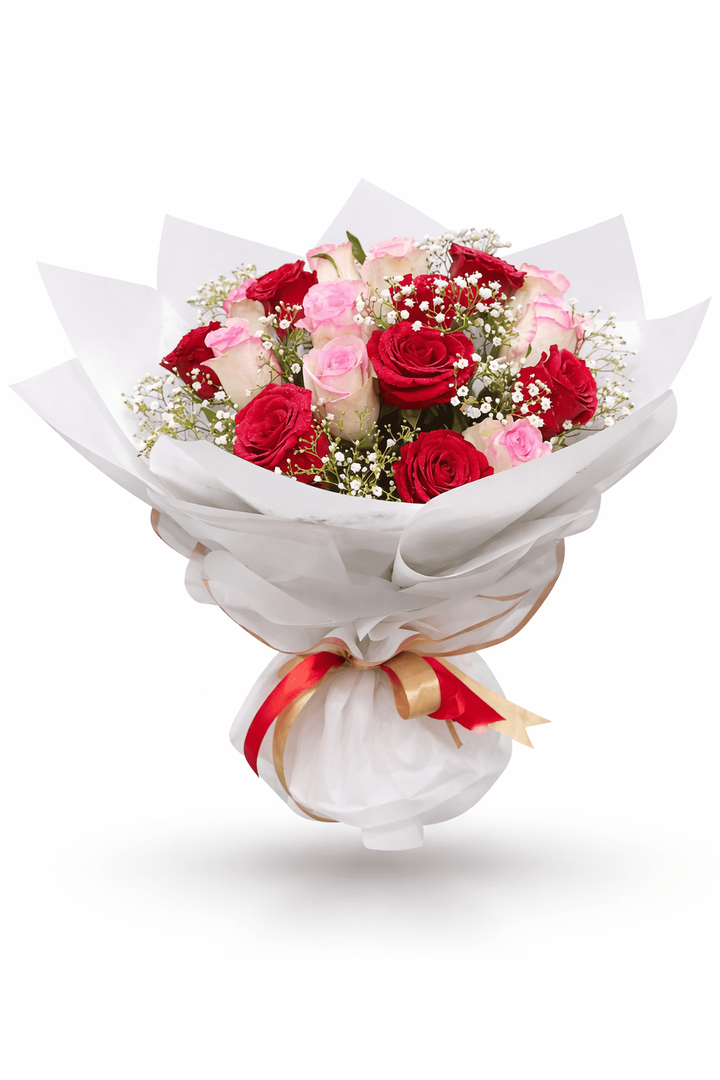 Blush and crimson pink and red roses bouquet with baby’s breath in elegant white wrapping.