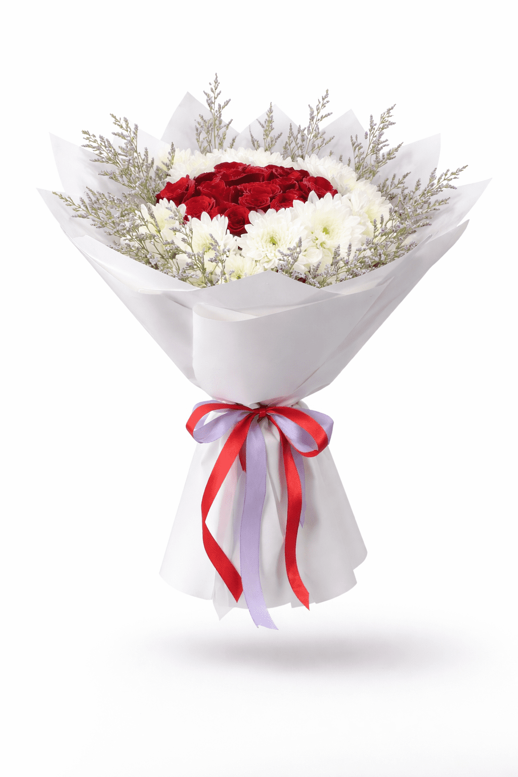 Love in Bloom Red Rose bouquet with red roses and white chrysanthemums.