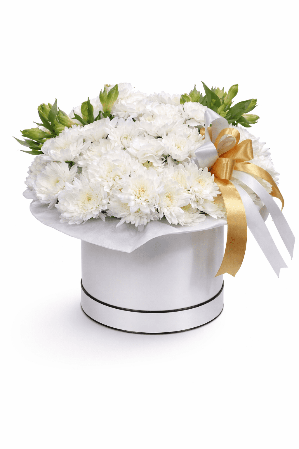 White chrysanthemum flower box arrangement in luxury hat box with ribbon - Dubai flower delivery