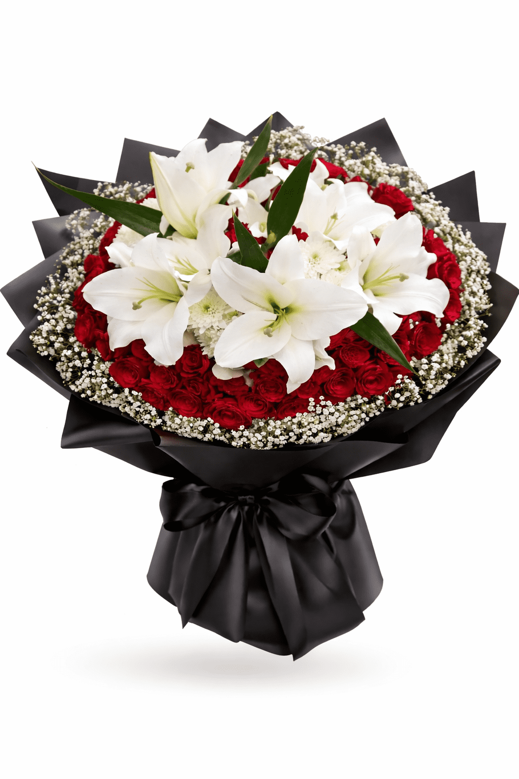 white lily and red roses bouquet luxury floral arrangement with premium black wrapping